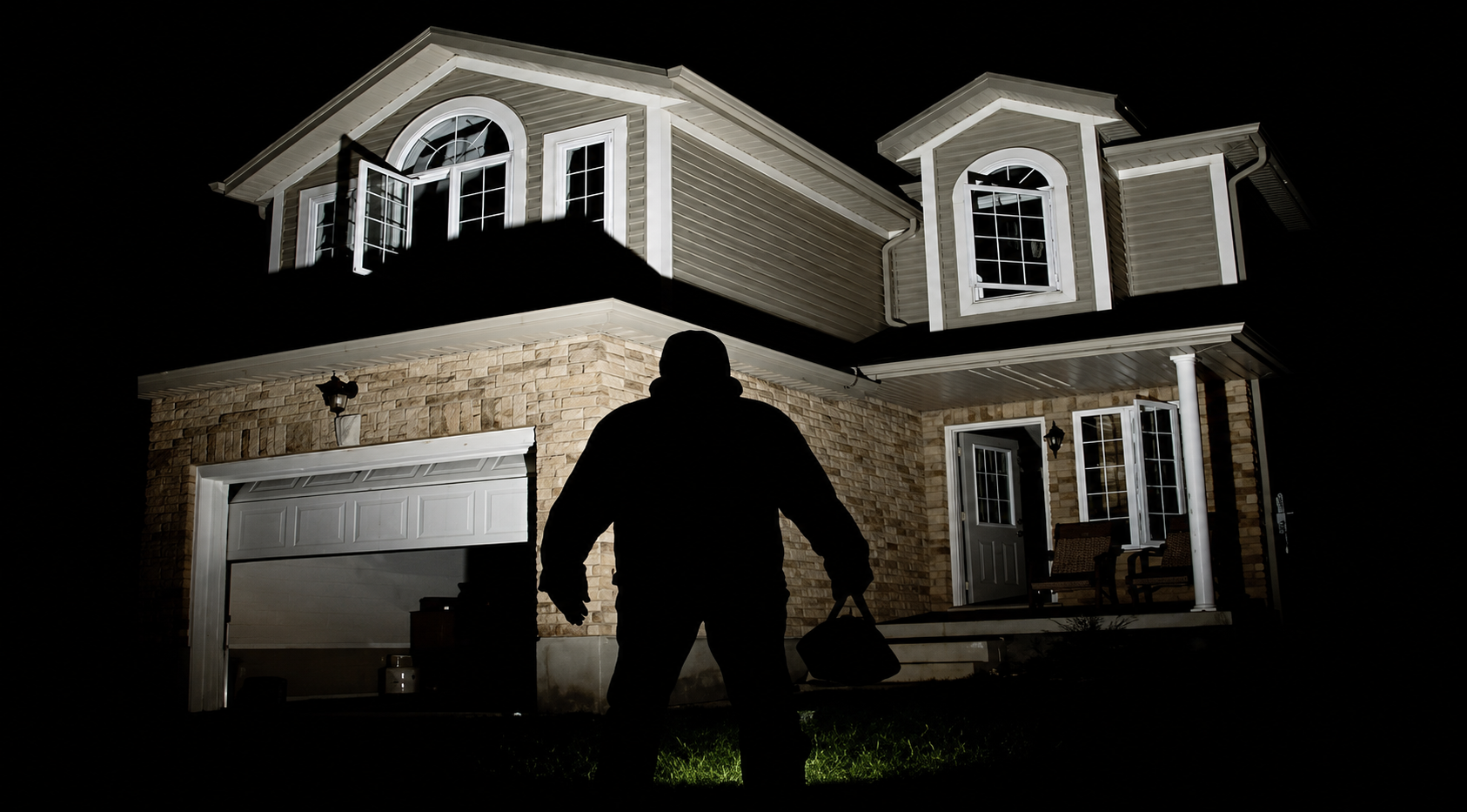 Intruder approaching a house at night with the garage door open
