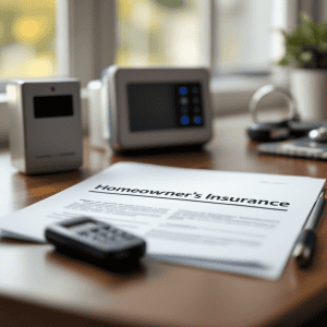 Homeowner's insurance paperwork on a desk with security devices in the background.