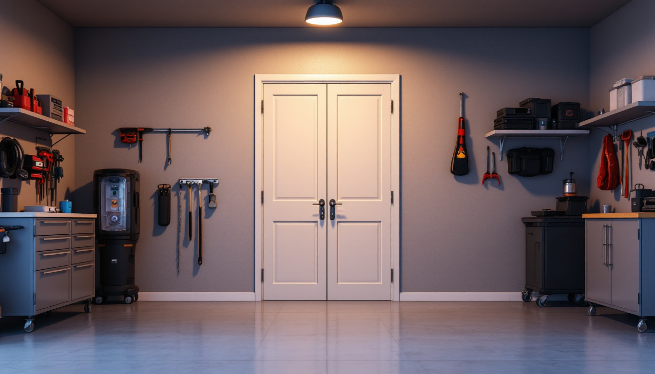 Interior door between garage and house with a lever handle and deadbolt, seen from the garage side