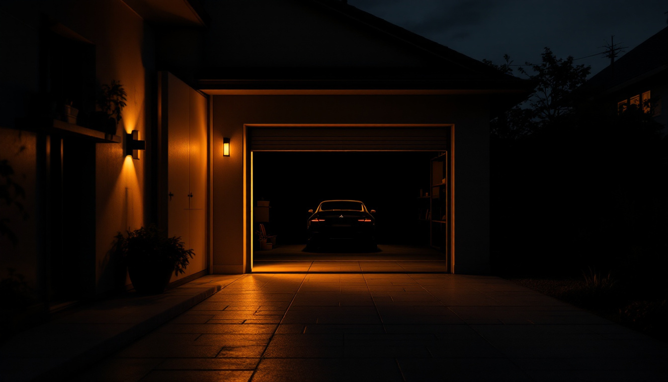 View from a lit kitchen through the doorway into a dark garage at night, the trust boundary of the home